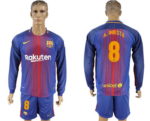 Barcelona #8 A.Iniesta Home Long Sleeves Soccer Club Jersey